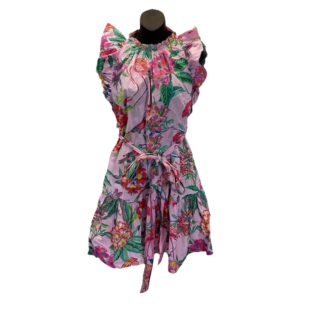 Banjanan Bulbul Ruffle Dress Flamingo Floral Birds Cotton Tie Short Sz S Summer
